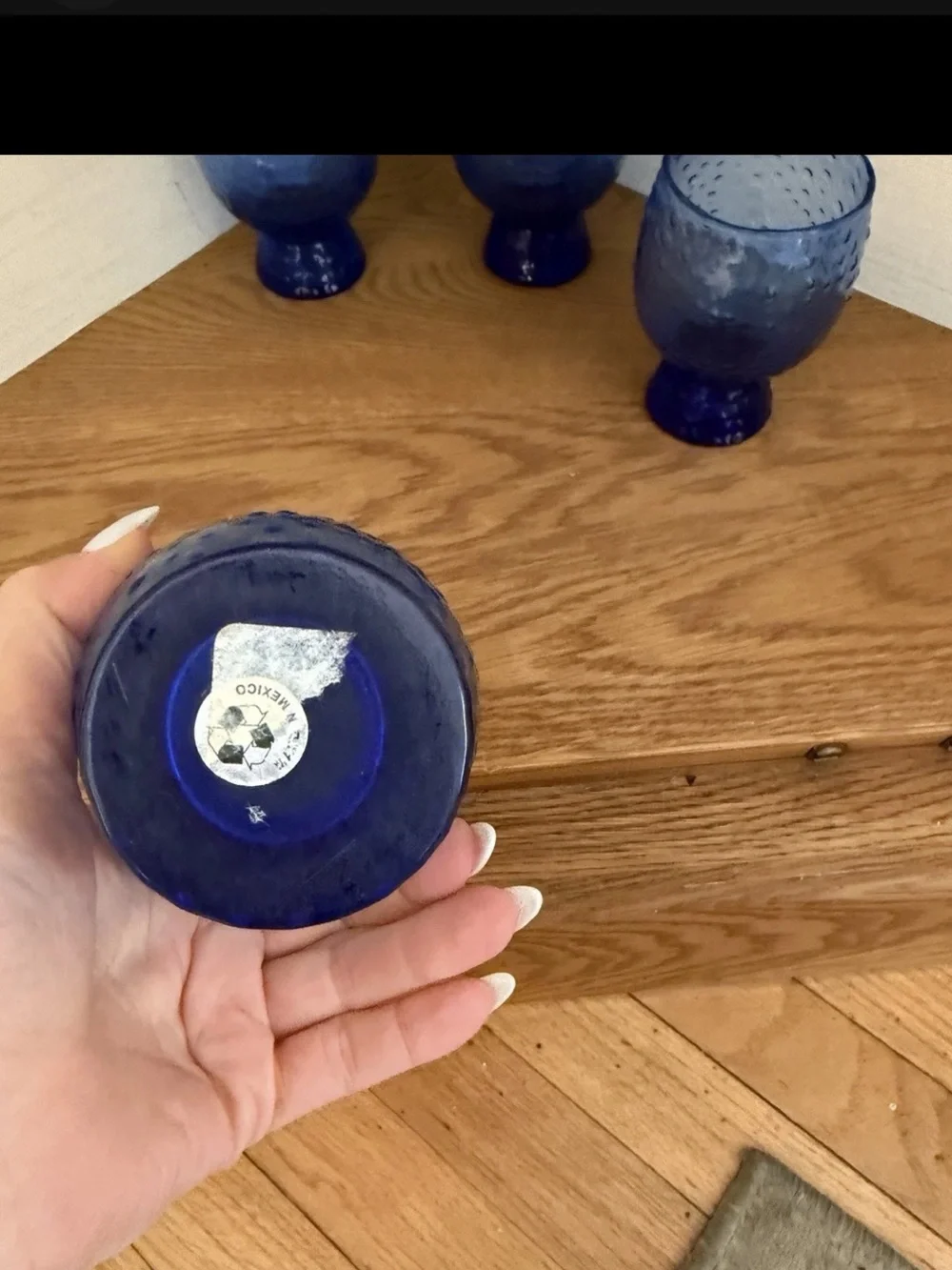 Set of 4 Vintage Mexican Cobalt Blue Hand Blown Hobnail Glass Goblets